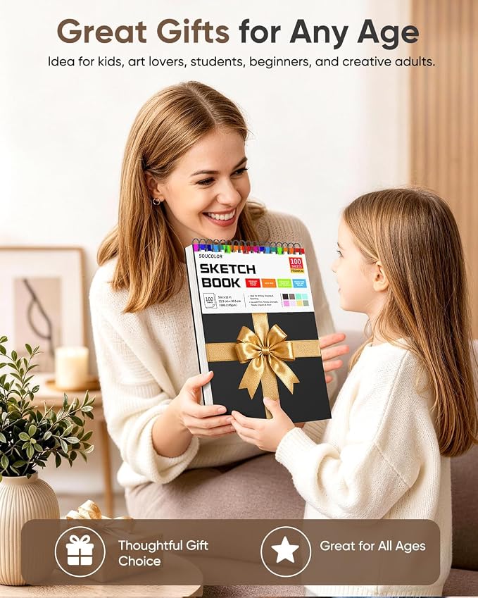 Soucolor 9x12 Hardcover Sketch Book Thick Sketchbook Drawing Paper for Kids | 68lb/100gsm Acid-Free 100 Sheets Spiral Bound,Lay-Flat Sketch Pad with Perforated Pages,Art Supplies for Adults & Teens