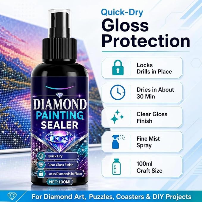 Diamond Art Sealer Spray Accessories 100ml, 30 Minutes Fast Drying, Secure Diamond Fixing & High Gloss Finish, Diamond Art Tools & Accessories, Simple Spray Application, No Brush Required (1 Pack)