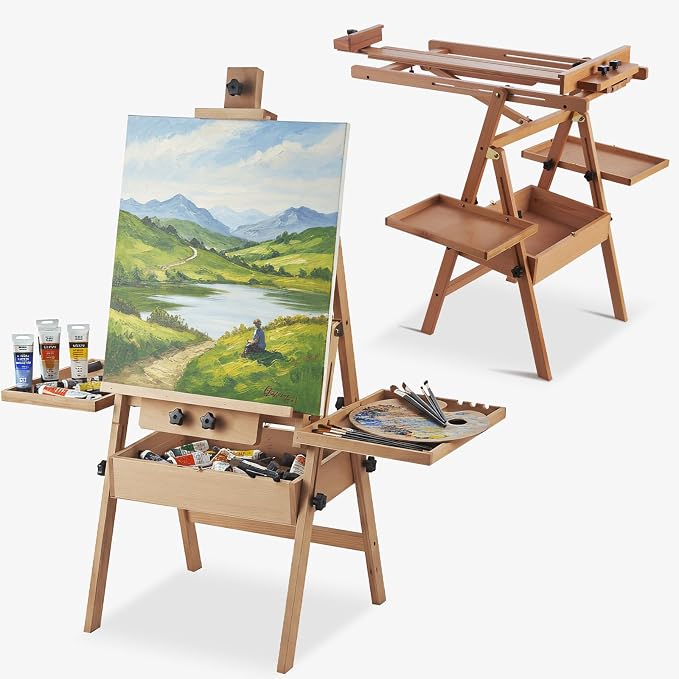 Beech Wood H-Frame Easel for Painting with Tray & Drawer, Natural