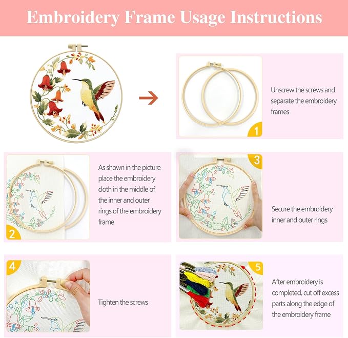 Zhenqing 3-Piece Hummingbird Embroidery Kit for Beginners, Floral Bird Needlework Set with Pre-Printed Cotton Fabric, Hoop, Threads & Tools, Nature Garden Wall Decor (C0168)