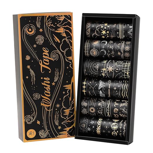 icceemee 36 Rolls Starry Theme Washi Tape Set with Celestial Patterns - Writeable Decorative Tapes for Scrapbooking, Junk Journal Supplies, Bullet Journaling 0.6" x 79" per Roll