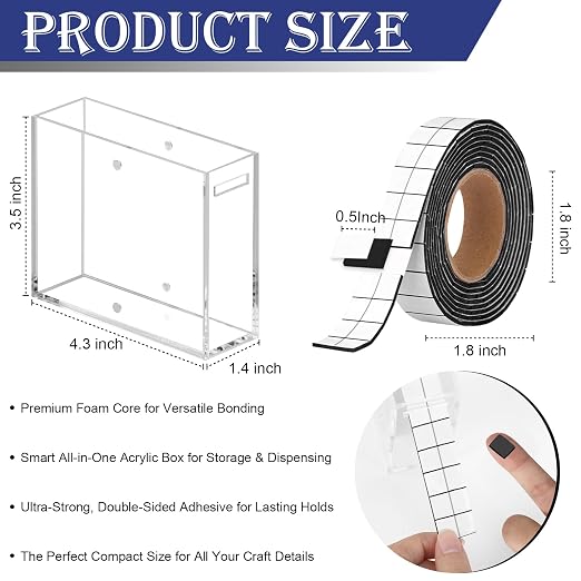 Double Sided Foam Tape for Crafts 0.4 X 0.5 in Pre Cut Double Sided Foam Squares Roll with Acrylic Storage Box Foam Adhesive Squares for Crafts Arts DIY Office Supplies