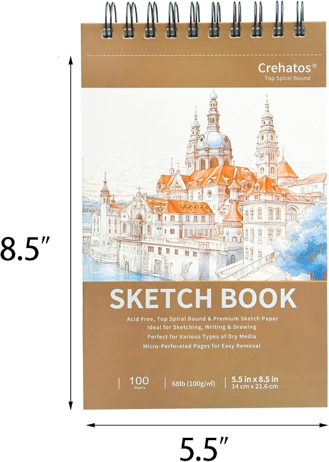 Crehatos 5.5" x 8.5" Small Sketch Book, Top Spiral Bound Sketch Pad, 100 Sheets Each 68lb/100gsm Drawing Paper, 2 Pack | Top Spiral Bound Sketch Pad, 68lb/100gsm Drawing Paper for Dry Media