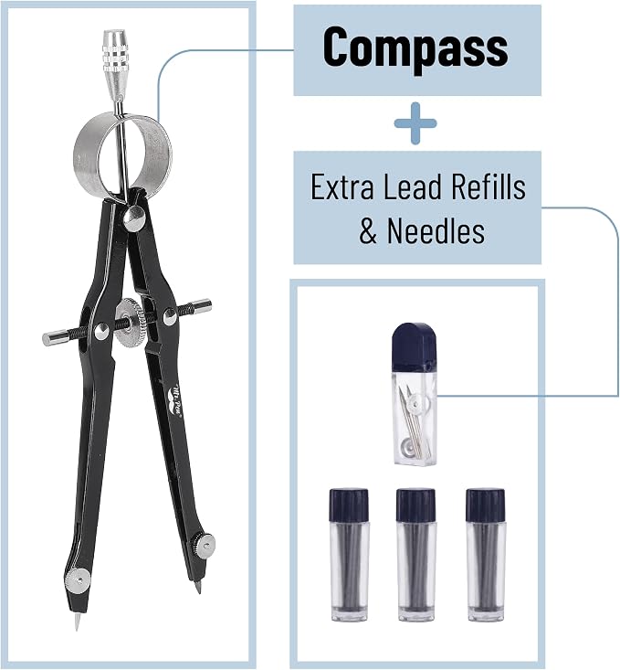 Mr. Pen- Professional Compass for Geometry, Extra Lead | Metal Compass Drawing Tool for Students, Drafting and Engineering, Technical Drawings, Circles and Geometry Projects