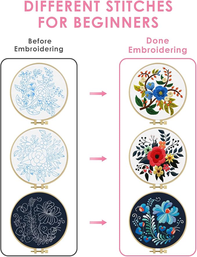 TINDTOP 3 Sets Embroidery Kit for Adults, Floral Embroidery Practice Kit