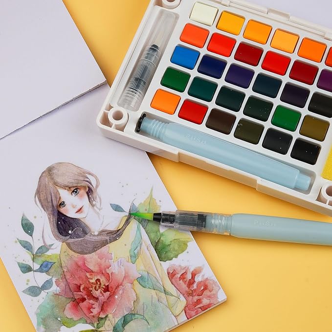 Portable Watercolor Paint Set - 30 Colors Travel Watercolor Kit with Water Brush, 24 Sheets Watercolor Paper, Online Tutorial - Compact Graspable Watercolor Painting Set for Beginners, Artists, Hobbyists, Outdoor Painting