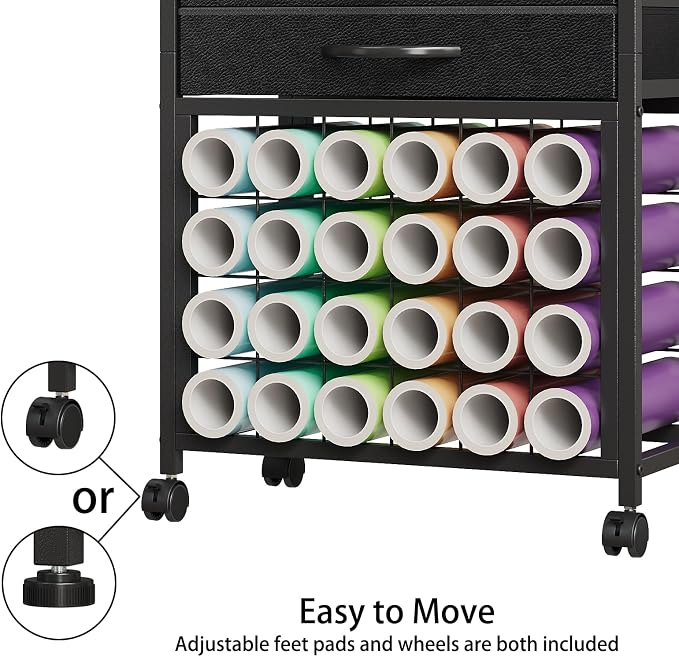 VENNQD Organizer and Storage Stand Compatible with Cricut Machines, Rolling Storage Cart/Shelf with 24 Vinyl Roll Holders, 2 Fabric Drawer, Accessories Holder, Tool Hook for Craft Room Home (Black)