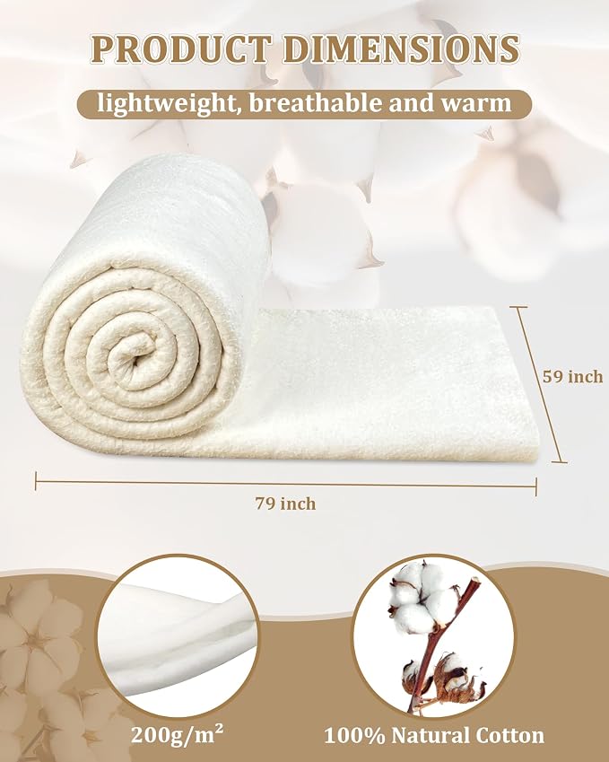 59" x 79" Grinding Natural Cotton Quilt Batting, Quilt Batting for Quilts