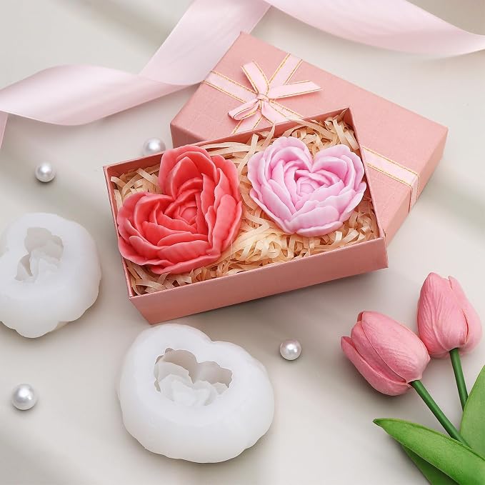 2 Pcs Rose Candle Molds, 3D Heart Rose Flower Silicone Molds, Valentine’s Day Heart Resin Casting Mold for DIY Soap Candle Wax Melt