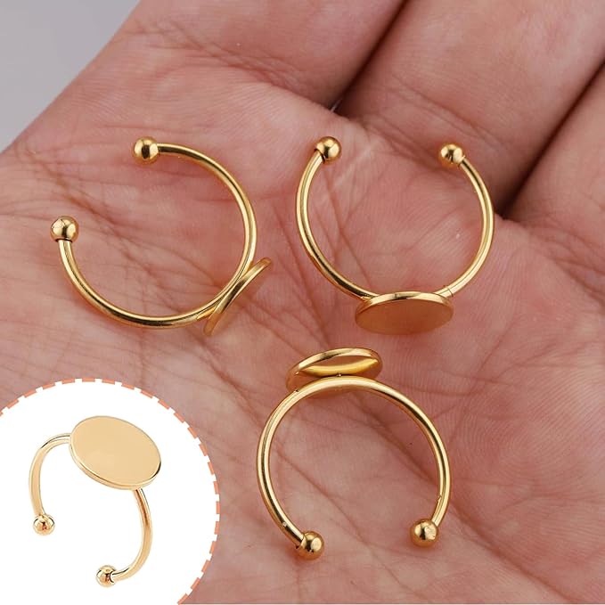 30 Pcs Blank Rings - MaehSab Stainless Steel Adjustable Pad Ring Base, Flat Blank Ring Base Tray for Jewelry Making DIY Crafts (Gold)