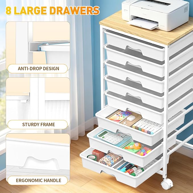 SUNALLY Rolling Cart With 8 Drawers,Storage Drawer Cart for Craft Art,White | Storage Utility Cart with Wooden Tabletop & 2 Lockable Wheels, Teacher Storage Cart for Classroom School Storage, Makeup,Nail