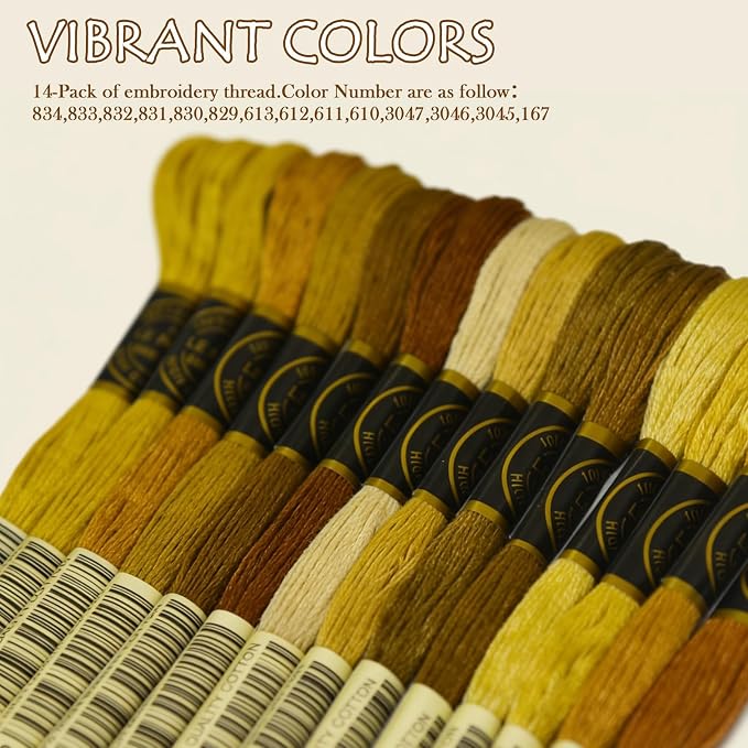 Premium Rainbow Color Embroidery Floss - Cross Stitch Threads - Friendship Bracelets Floss - Crafts Floss - 14 Skeins Per Pack Embroidery Floss, Gold Gradient