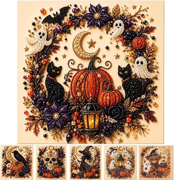 Halloween Pearl Art Kit, Cute Ghost 3D Diamond Art DIY Craft Kit with Resin Pearls, Spooky Cute 3D Diamond-Painting Crafts for Adults, Fall Home Decor Wall Art, Beginner DIY Seasonal Party Gift (#C)