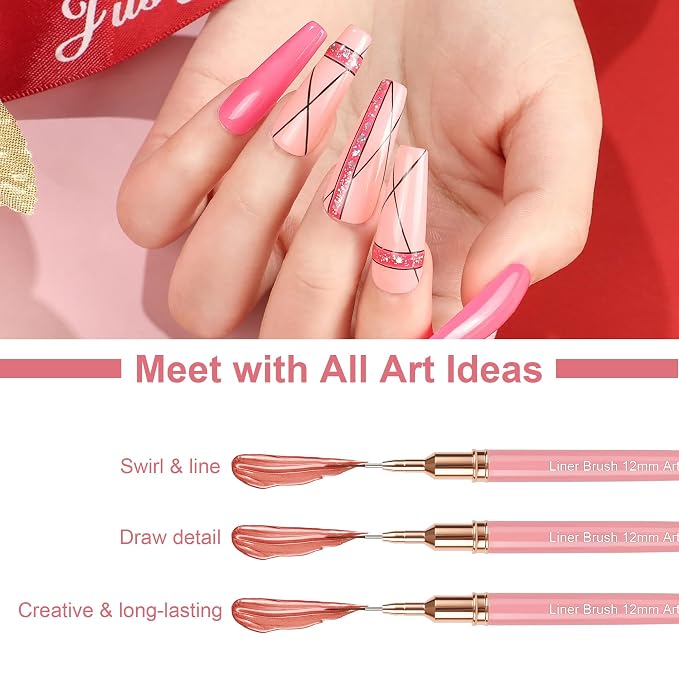 Artdone Metallic Nail Art Pens, Liner Brushes Set, 5PCS Pink Nail Tools