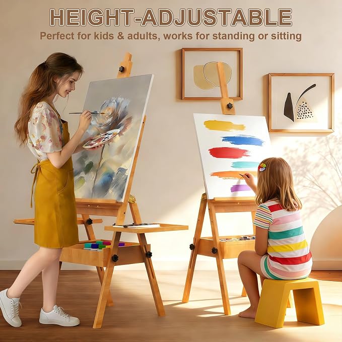Large Beech Wood H-Frame Easel, Professional Painting Easel with 2 Palette | Multi-Function Studio Easel, Professional Foldable Artist Easel Stand for Painting, Holds Canvas Art up to 36"