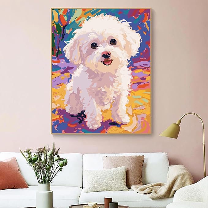 Dog Paint by Numbers Kit for Adults Beginner,Animal,16x20 | Full set with wooden brushes,rolled canvas,rich paints.Calming activity.Beginner friendly.Just open and paint.