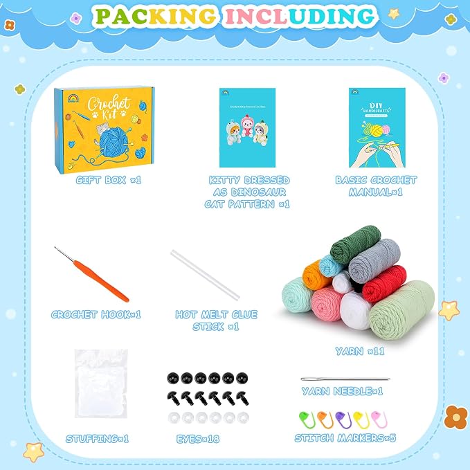 Fortuning's JDS Crochet Kit for Beginners, 3 PCS Dinosaur Cat Crochet Kits | w/ Step-by-Step Video Tutorials, Beginner Crochet Kit for Adults, Crochet Animal Kit for Starters, Dinosaur Cat Crochet Set
