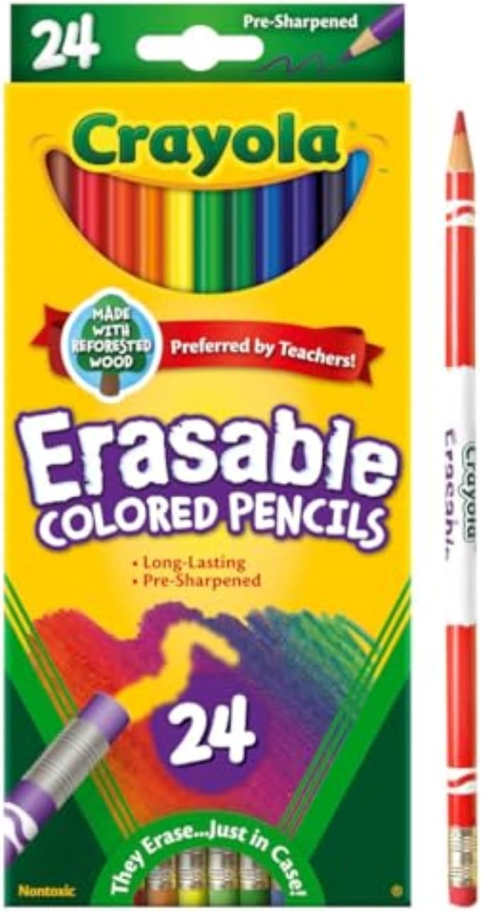 Crayola Erasable Colored Pencils (24ct), Kids Coloring Pencils for Coloring Books, Assorted Colors, Arts & Crafts Supplies, Gifts, Ages 6, 7, 8