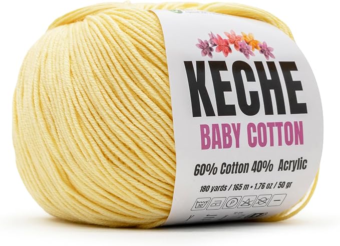 Keche Baby Cotton, 60% Cotton 40% Acrylic Yarn, Soft Cotton Yarn for Crochet and Knitting, Amigurumi Yarn 1 Skein/Ball 1.76 Oz (50g) / 180 Yrds (165m) - Pastel Yellow
