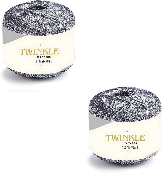 Pack 2 Twinkle Metallic Glitter Yarn Sparkle Fine 1 Light Fingering Weight Worsted Gold Silver for Crochet Knitting, 25g 0.88oz, 175yard Soft Craft Shawls Bags Lurex