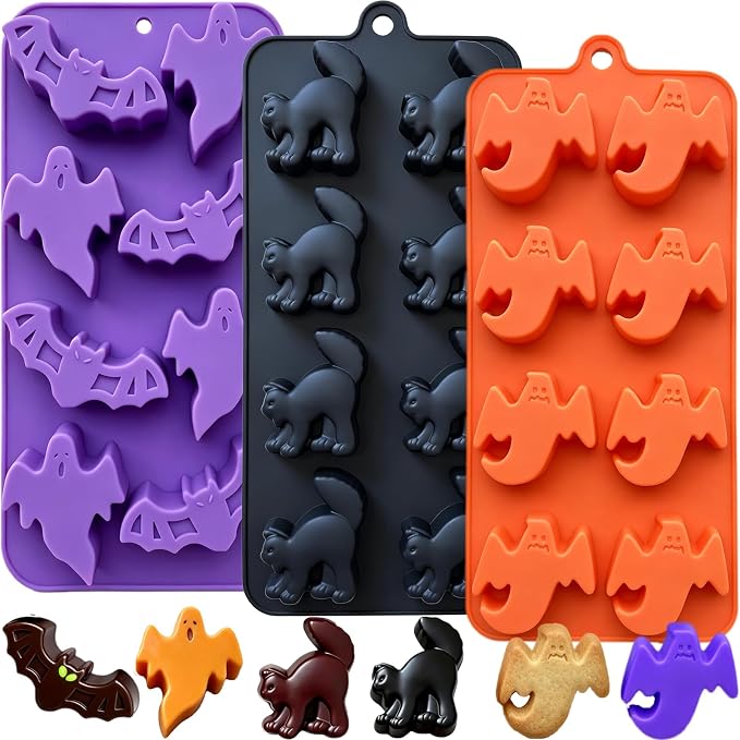 3 Pack Halloween Silicone Molds, Ghost Bat Black Cat Candy Chocolate Molds