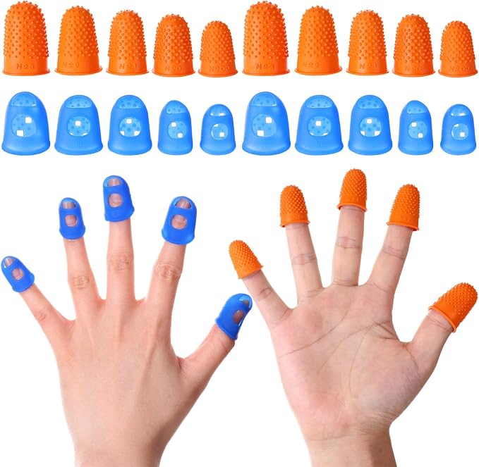 Zonon 20 Pcs Rubber Thimble Finger Protector,Blue,Orange | Hand Sewing Embroidery Finger Grips Tips Guard 5 Sizes, Hot Glue Sorting Paperwork Carving Quilting Knitting Craft Supplies