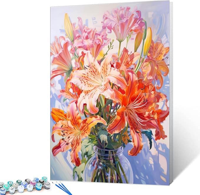 Flowers in Vase Paint by Numbers Kits 16x20 inch Canvas DIY Oil Painting for Kids, Students, Adults Beginner with Brushes and Acrylic Pigment - Colorful Blooming Flowers Photo Gift(without Frame)