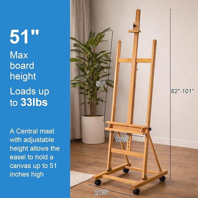 Falling in Art Large H-Frame Studio Artist Easel, Holds up to 51'', Natural