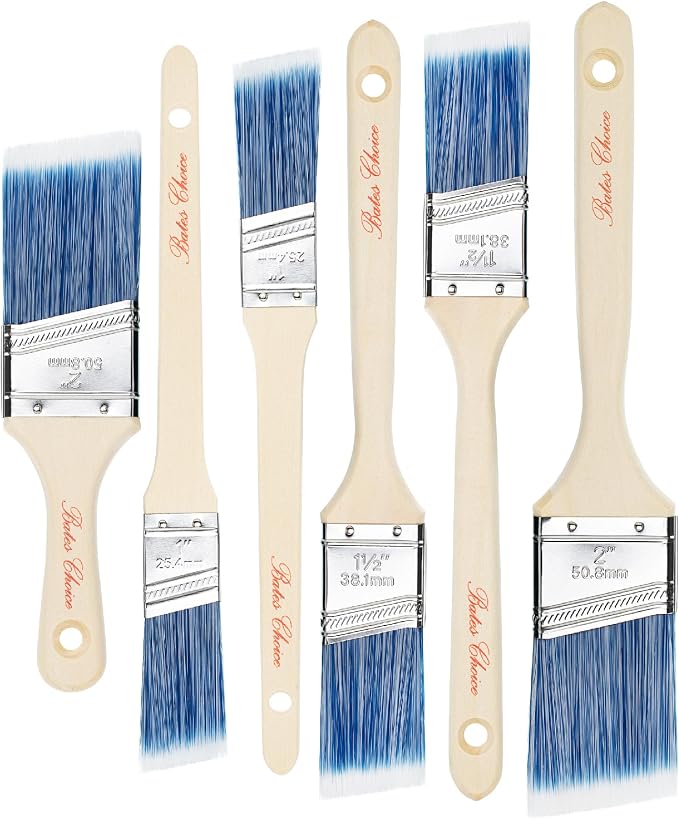 Bates- Paint Brushes, 6 Pack, 1", 1.5", 2" Angle Brushes, Wooden Handle | for Walls Stain Furniture Interior Painting & Detail Work
