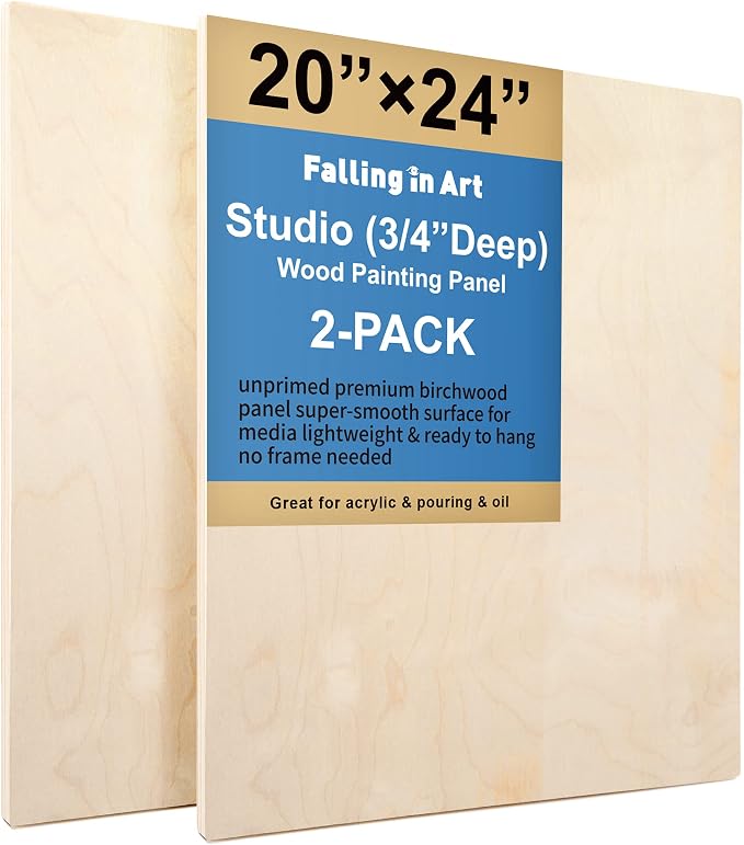 Falling in Art 2 Pack 20x24 Unfinished Birch Wood Panels Kit for Painting | Studio 3/4’’ Deep Wood Canvas, Cradle Boards for Acrylic Pouring, Art, Crafts, Epoxy Resin, Laser Engraving Cutting