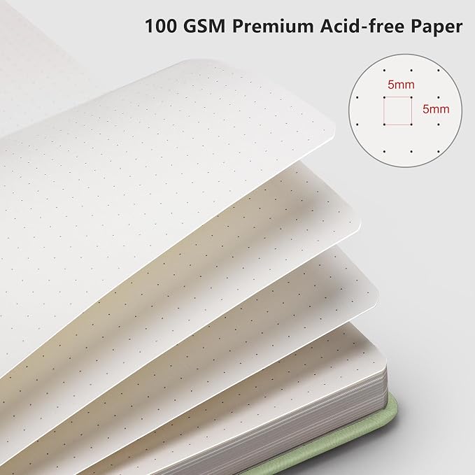 RETTACY Dotted Journal Notebook, 192 Pages, A5 Medium Size (5.7'' x 8.3'') | Leather Hardcover, 100 GSM Thick Paper, for Journaling, Planning, Tracking (Light Green)