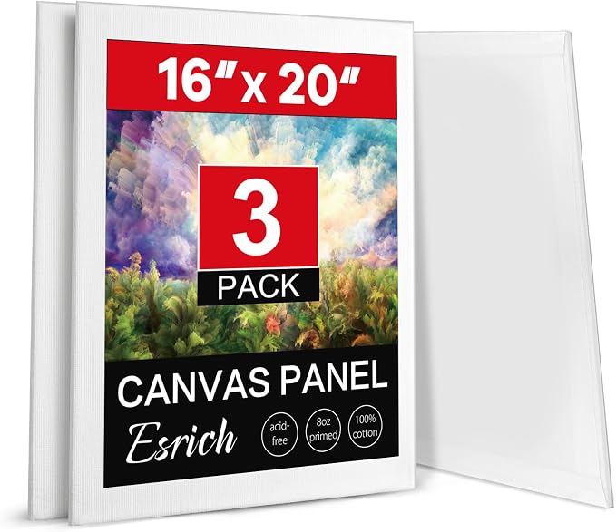 ESRICH Canvases for Painting 16x20 Inch, 3 Pack Flat Canvas Boards for Painting Cotton Primed Acid Free Large Blank Canvas Panels for Oil, Watercolor, Acrylic Paint, Gouache and Tempera. (Thk: 3mm)
