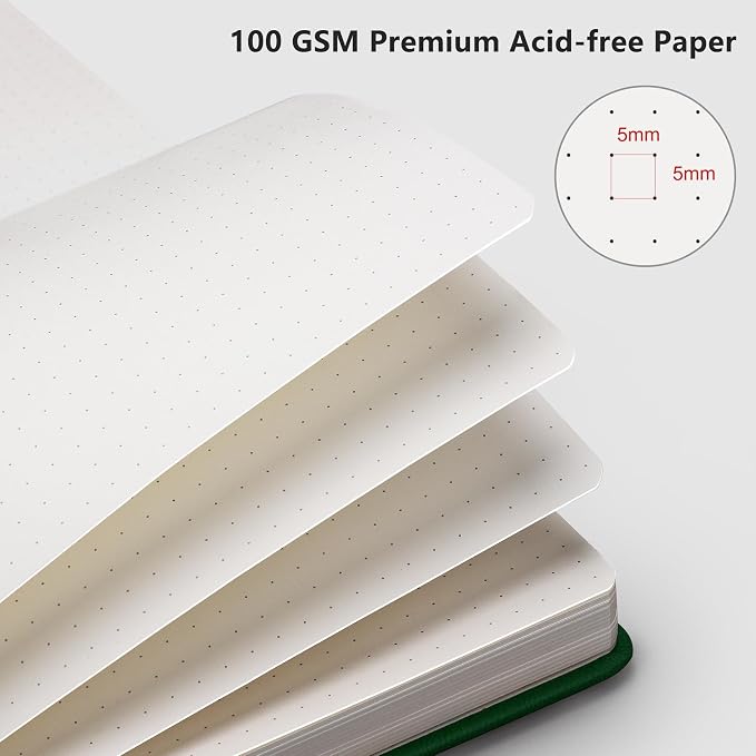 RETTACY Dotted Journal Notebook, 192 Pages, A5 Medium Size (5.7'' x 8.3'') | Leather Hardcover, 100 GSM Thick Paper, for Journaling, Planning, Tracking (Dark green)