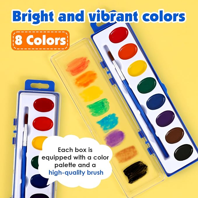 10 Pack Watercolor Paint Set, 8 Colors Water Color Paint Set for kids with Paintbrush. Washable Watercolors Paint for Parties, Birthday Party Favor, Valentine's Day Presents for kids, Classrooms and Teacher Supplies