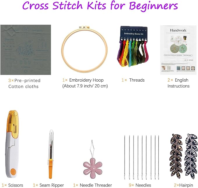 CHIYOSING Embroidery Kit for Beginners Adults,3 Stages to Learn Over 30 Different Stitches,Includes Step-By-Step Instructions,Sharp Scissors and 2 Exquisite Hairpins and Multiple Accessories