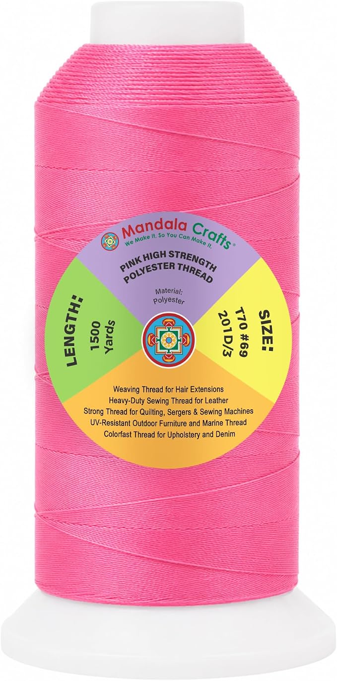Mandala Crafts Pink Tex 70 Polyester Heavy Duty Thread for Upholstery | 1500 Yds T70 UV Resistant Strong Thread for Leather Sewing, Marine, Drapery, Jeans, Hair Weaving & Extension, Outdoor