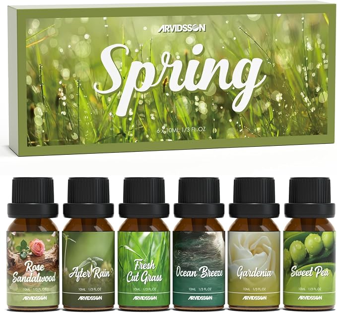ARVIDSSON Spring Essential Oils Set, Natural Fragrance Oil for Diffuser - After Rain, Ocean Breeze, Fresh Cut Grass, Gardenia, Sweet Pea, Rose Sandalwood, Spring Scented Oil Gift Set