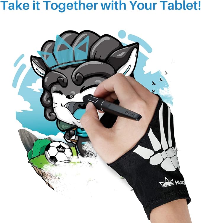 HUION Skeleton Artist Glove for Drawing Tablets, Left or Right Hand | Two-Finger Soft Lycra and Nylon Glove for Tablet Drawing, Monitor Painting and Paper Sketching, Reduces Friction
