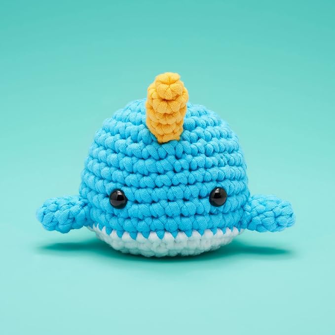 The Woobles Crochet Kit for Beginners (Bjørn the Narwhal) | As seen on Shark Tank, Kit includes: Easy Peasy Yarn, pre-started piece, hook, safety eyes, stuffing, video tutorials