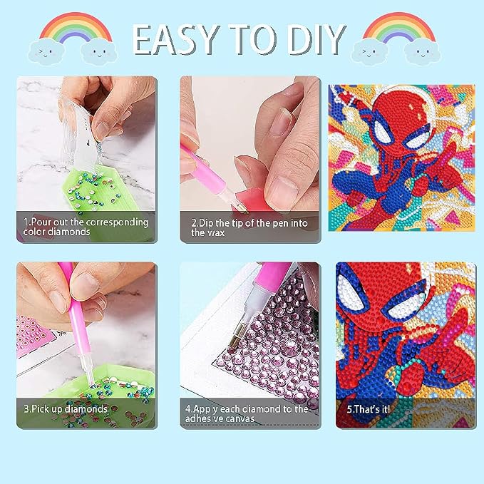 Fuinkqe Diamond Art Kits for Kids,Cartoon Diamond Painting Kits for Kids with Wooden Fram,Diamond Art for Kids Ages 6-8-10-12 for Gifts and Home Wall Decor 7X7 Inch