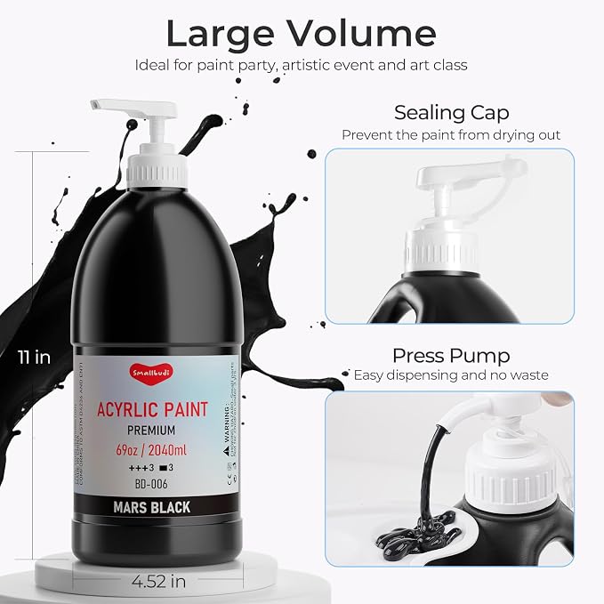 Smallbudi Black Acrylic Paint 69oz/2040ml Large Bulk Bottle with Pump
