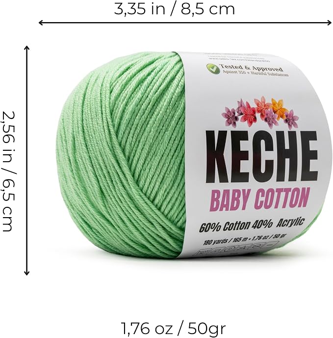 Keche Baby Cotton, 60% Cotton 40% Acrylic Yarn, Soft Cotton Yarn for Crochet and Knitting, Amigurumi Yarn 1 Skein/Ball 1.76 Oz (50g) / 180 Yrds (165m) - Mint Green