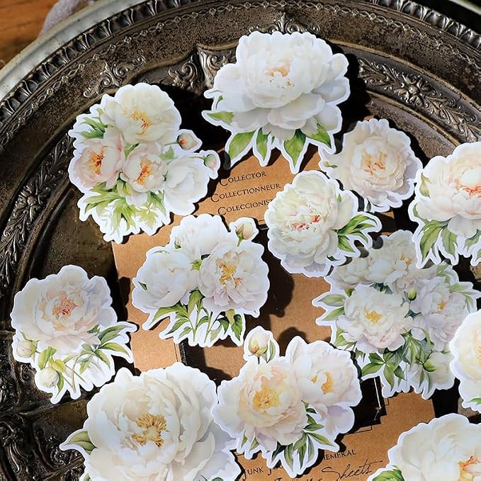 CATaireen Vintage Junk Journal Items Kit Pre Cut Paper Cards Cutout Cardstock Art Aesthetic Decor Hollow Out Craft Elements Small Embellishments Supplies for Adults Scrapbook Pack (Floral White)