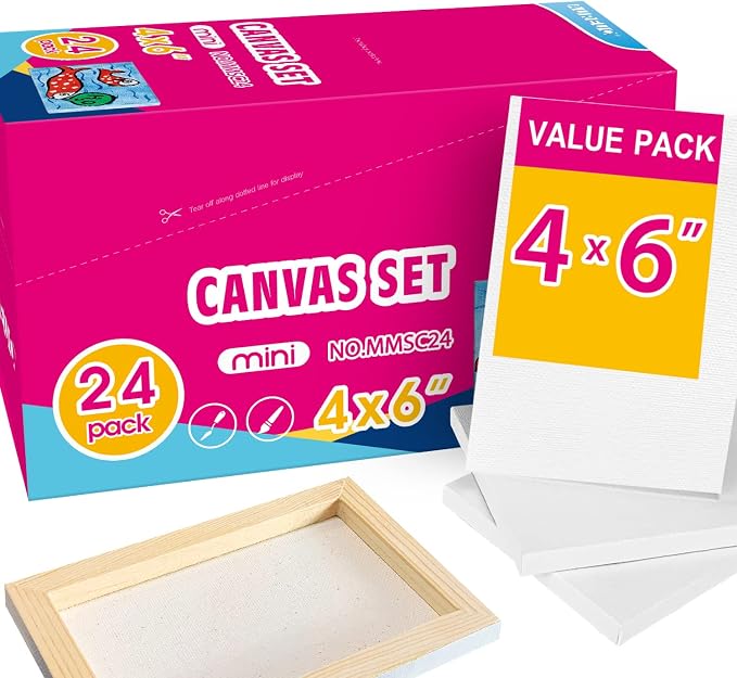 AUREUO Mini Stretched Canvas - 4x6 Inch/24 Pack - 2/5 Inch Profile Small Square Canvas - Gift Set Bulk Pack Canvases for Acrylic Painting & Craft