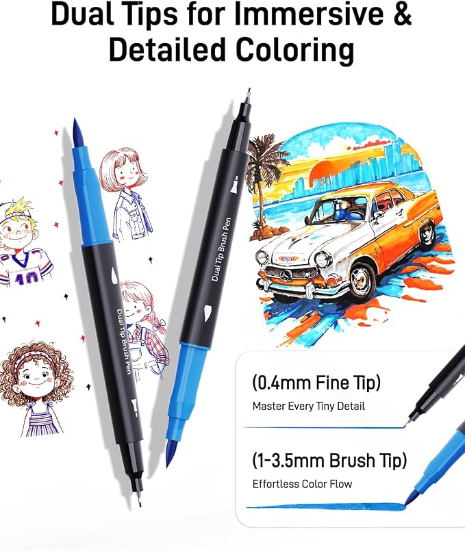 JusArt Markers for Adult Coloring Books No Bleeding, 60 Colors | Dual Tip, Triangle Grip, Fine & Brush Tips, Water-Based, 33% More Ink, With 200gsm Coloring Book, Storage Case, 6 Spare Tips