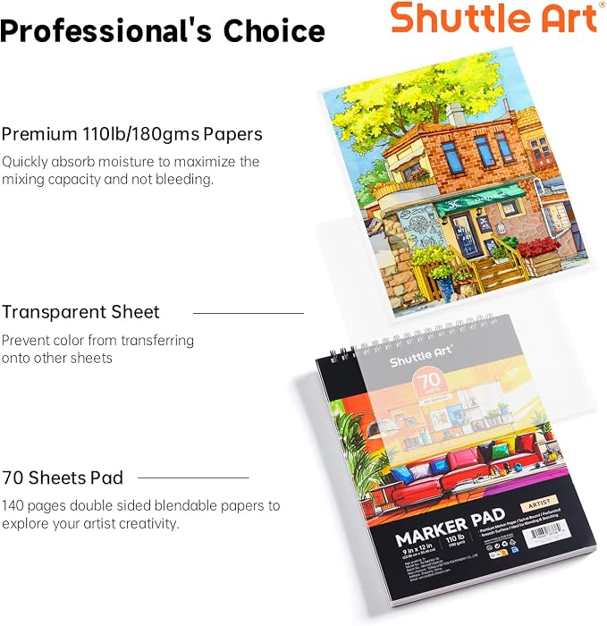 Shuttle Art Marker Pad, 70 Sheets, Spiral-Bound, 12”x9”, 110LB/180GSM Paper | Portable Sketchbook, Smooth Surface, Alcohol Markers Bleedproof Art Paper Great for Artists to Draw, Paint & Sketch