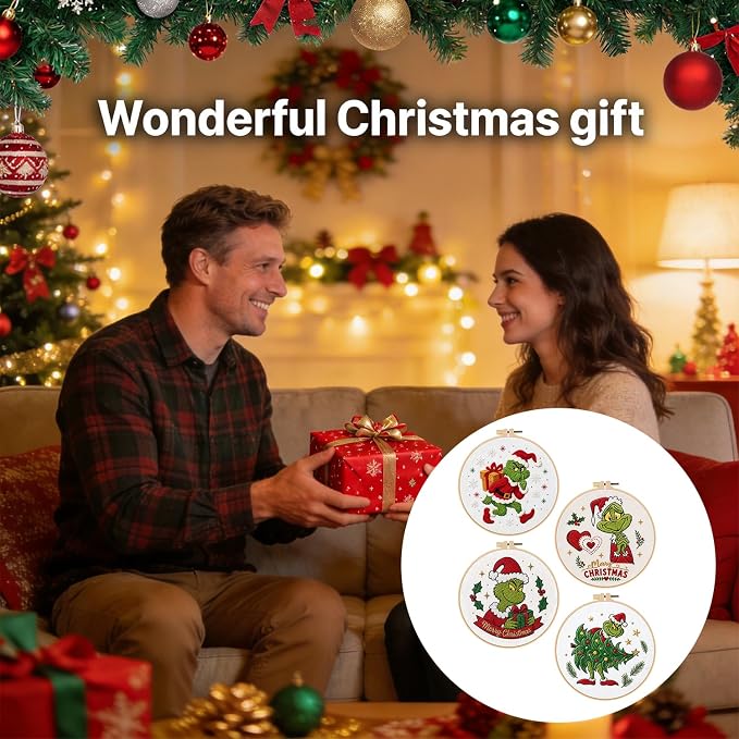 TPZBWG Embroidery Kit, 4 Pack Cross Stitch Kits,DIY Embroidery Starter Kit for Adults & Beginners, DIY Needlepoint Kit with Embroidery Hoop Thread Needle for Craft Lover Birthday Gifts (Green& White)