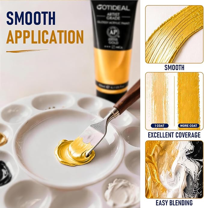 GOTIDEAL Metallic Gold Acrylic Paint Tubes(120ml, 4.1 oz) Gold Leaf Paint | Non Toxic, Non Fading, Rich Pigments,for Painters, Adults & Kids,Ideal for Canvas Wood Clay Fabric Ceramic Craft Supplies