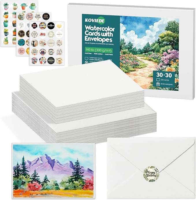 30 Pack Blank Watercolor Cards with Envelopes 4 x 6 Inch 140lb/300gsm