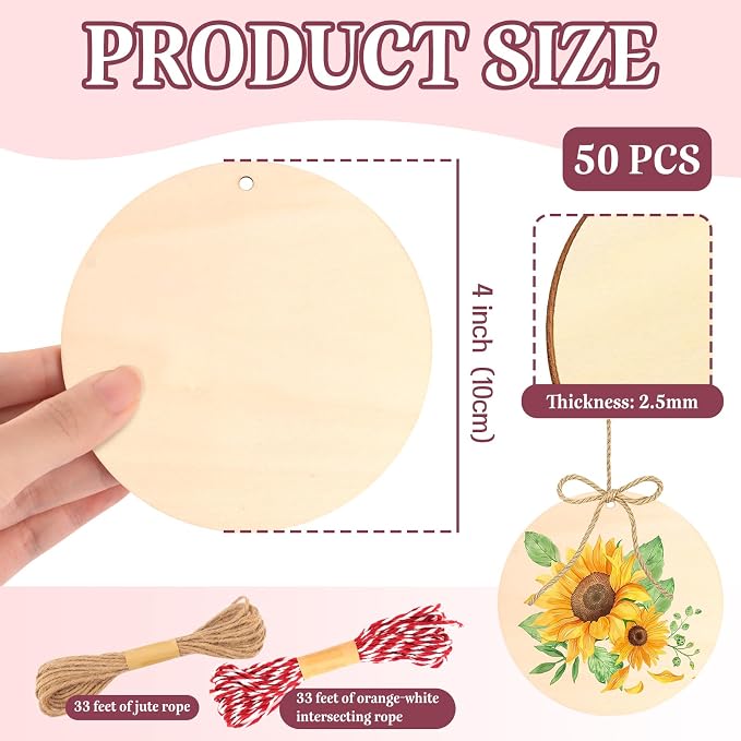 FSWCCK 50 PCS 4 Inch Wood Circles for Crafts – Round Blank Discs with Holes, Unfinished Wooden Cutouts for DIY, Painting, Staining, Coasters,Laser Engraving Sign Blanks, Ornament (4inch-50 Pack)